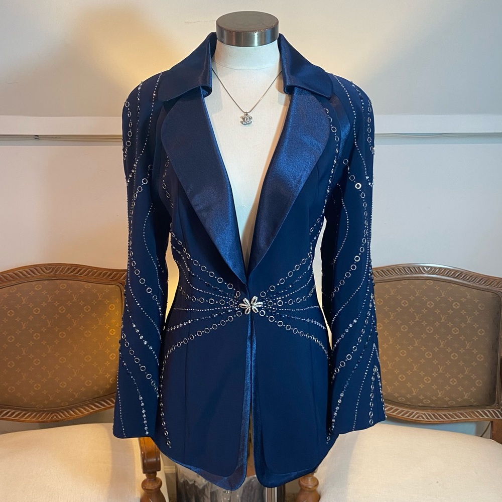 Vintage 80s Navy Blue Blazer Jacket Glam Rhinestones Grommets Berry Fit Women S